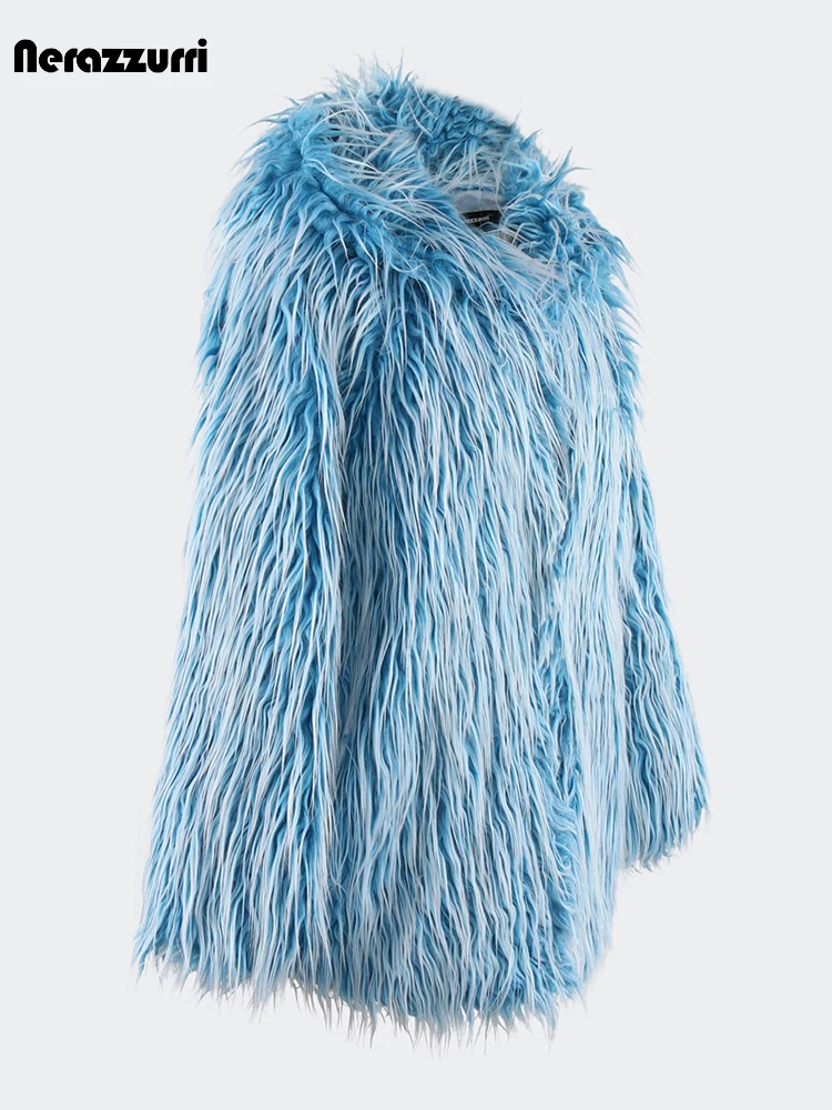 Nerazzurri Autumn Winter Blue Shaggy Hairy Thick Warm Faux Fur Coat Women with Hood Long Sleeve Loose Casual Fluffy Jacket 2023