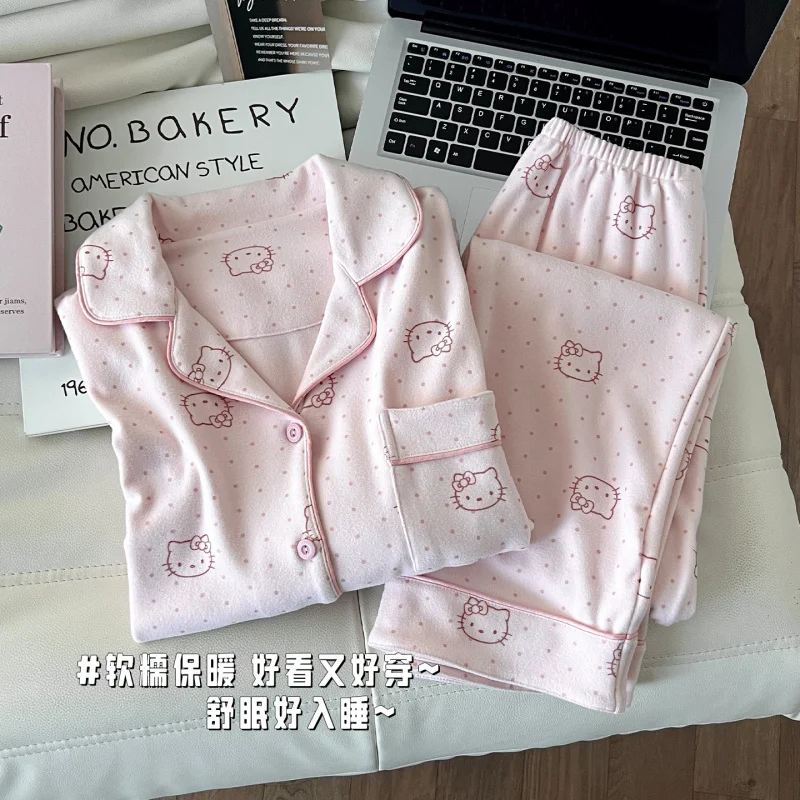 Pijamas femininos com estampa de leopardo KT escovado, conjunto de terno para casa confortável de veludo alemão, calças femininas quentes de veludo fino de desenho animado