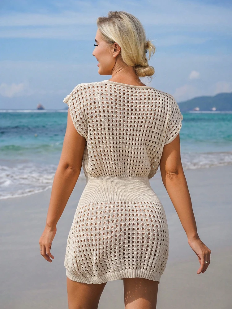 Beige Crochet V-Neck Short Sleeve Cover-Up Mini Dress Beach Wrap Tunics Swimsuit Cover Up Women Fishnet Crochet Swimsuit