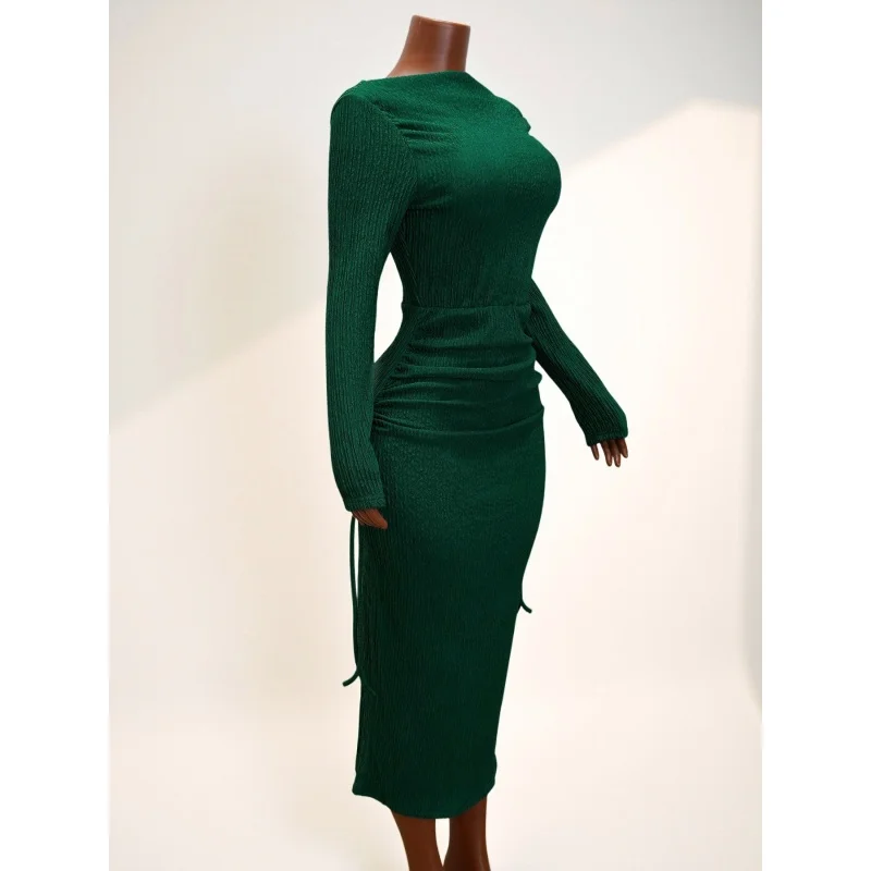 Damen-Midikleid mit schulterfreiem Schnitt, langen Ärmeln, figurbetontem Schnitt, strukturierter Strickoptik, geraffter Taille, seitlichem Kordelzug, schmaler Passform, für Partys und Abendveranstaltungen, Dropshipping – Detail 6