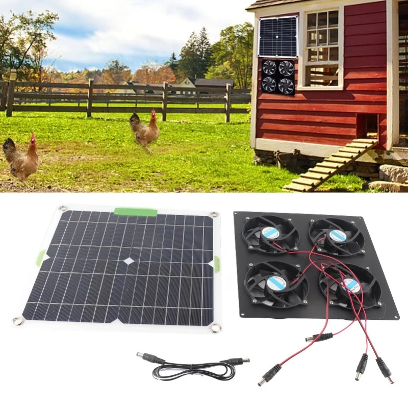100W Solar Panel Fan Kit Waterproof Monocrystalline Silicon Solar Fan 4 Ports Ventilator Exhaust Fan 20V For Greenhouses