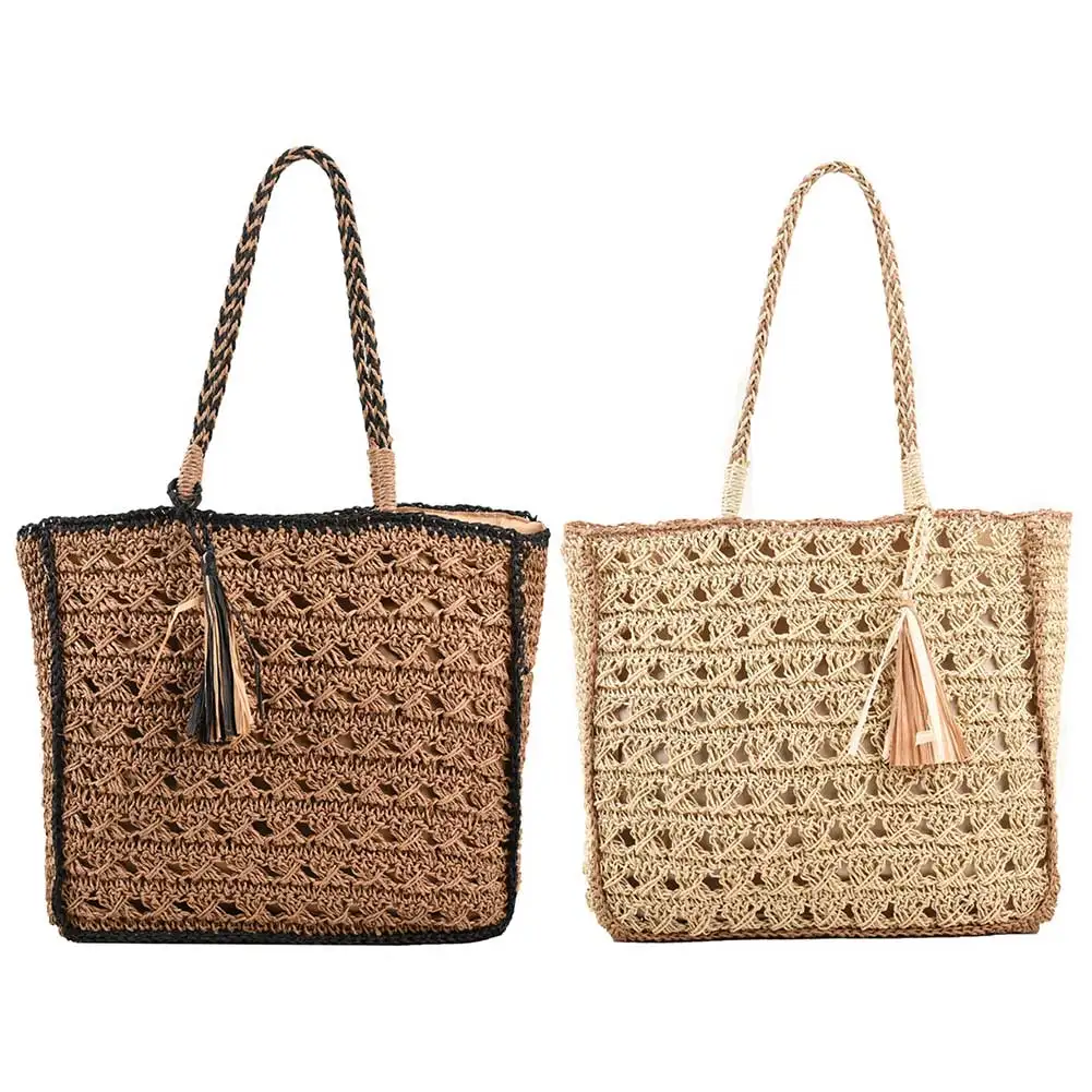 Women Weaving Handbag Hollow Out Tassel Shoulder Bag with Short Handle Solid Color Ladies Summer Beach Bag