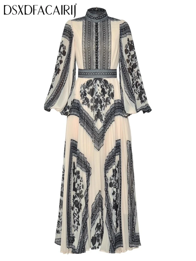 

DSXDFACAIRIJ Women's Pleated Maxi Dress Stand Collar Lantern Sleeve Floral Print Bohemian Style Fashion Spring Dress