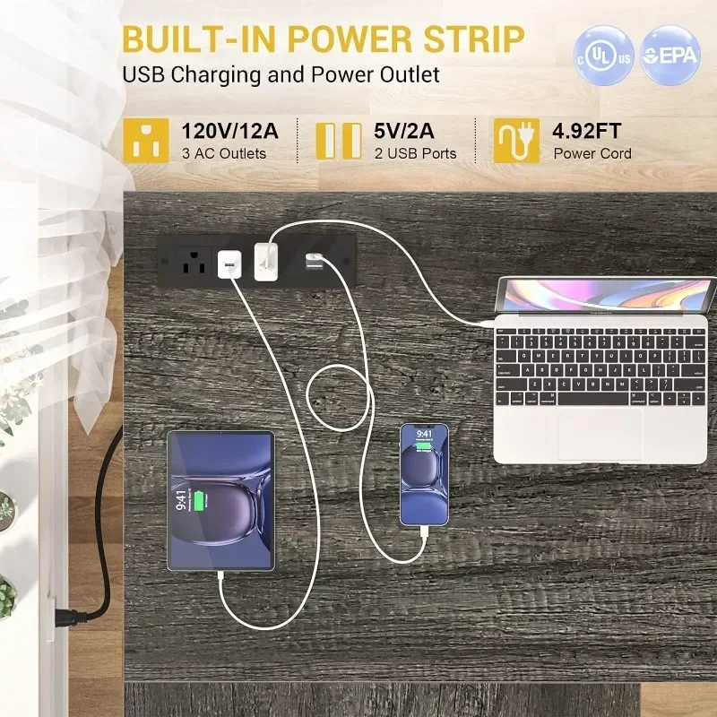 Shaped Desk with Power Outlet&LED Strip,Reversible L-Shaped Corner Computer Desks Gaming Desk with Storage Shelf & Monitor Stand