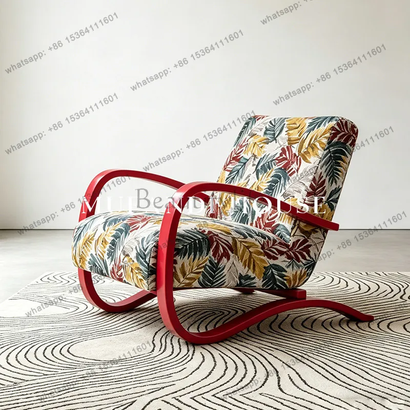 Vintage red designer single sofa chair tropical leaf print living room balcony leisure chair