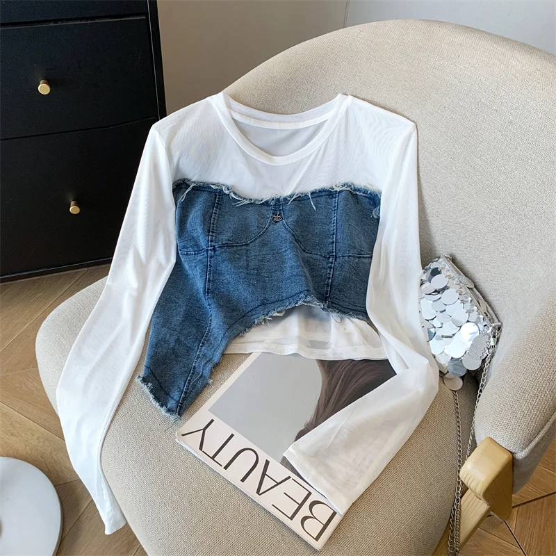 Bomon Fall 2024 American Retro Sweet Cool Spice Short denim mesh patchwork top Base Long sleeve irregular T-shirt for women