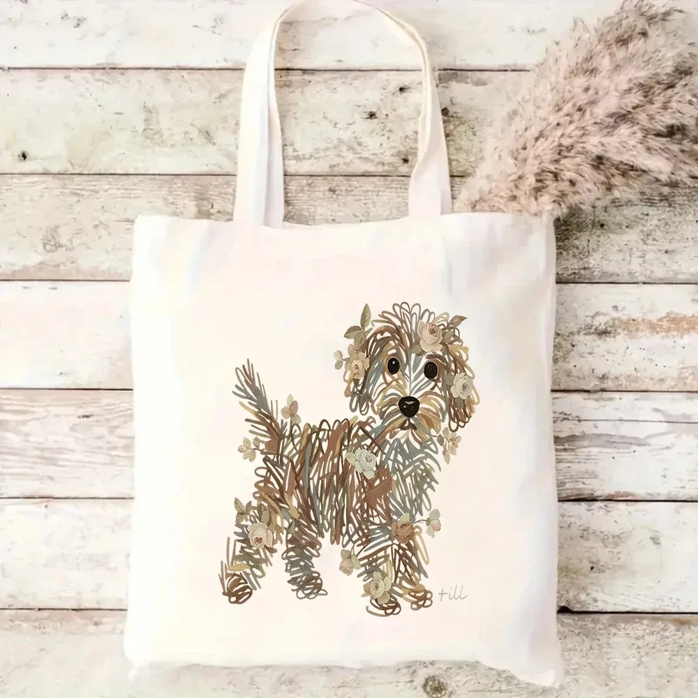 Vintage Flower Puppy Canvas Handbag with Floral Poodle Pattern Environmentally Friendly Reusable Single Shoulder Shopping Bag