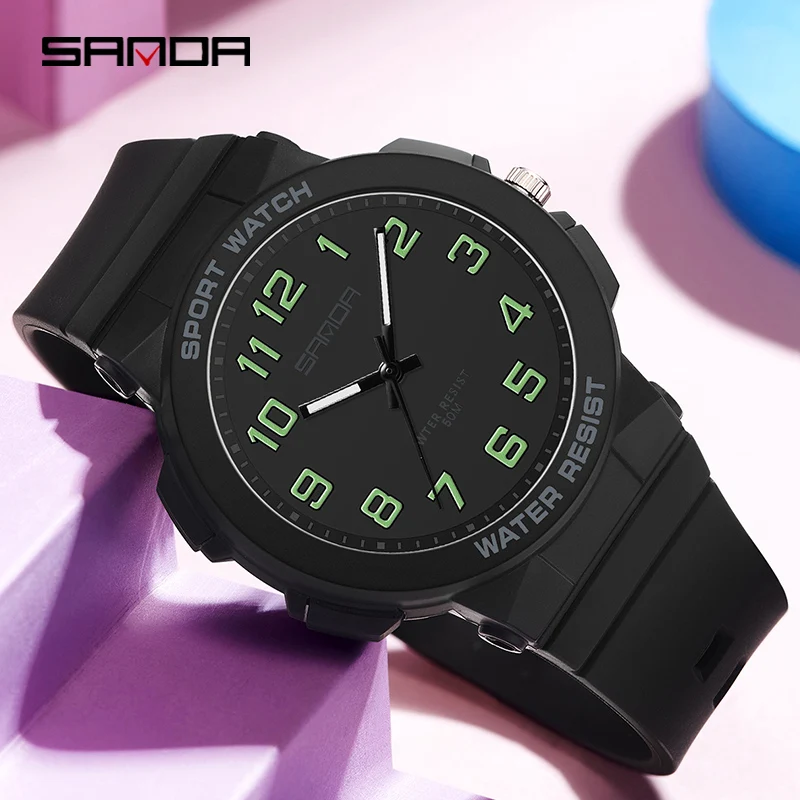 Sanda 6123 Trendy Design Soft Student Watch TPU Strap 50M Depth Waterproof Quartz Movement Children Fashion Sports Wrist Watch