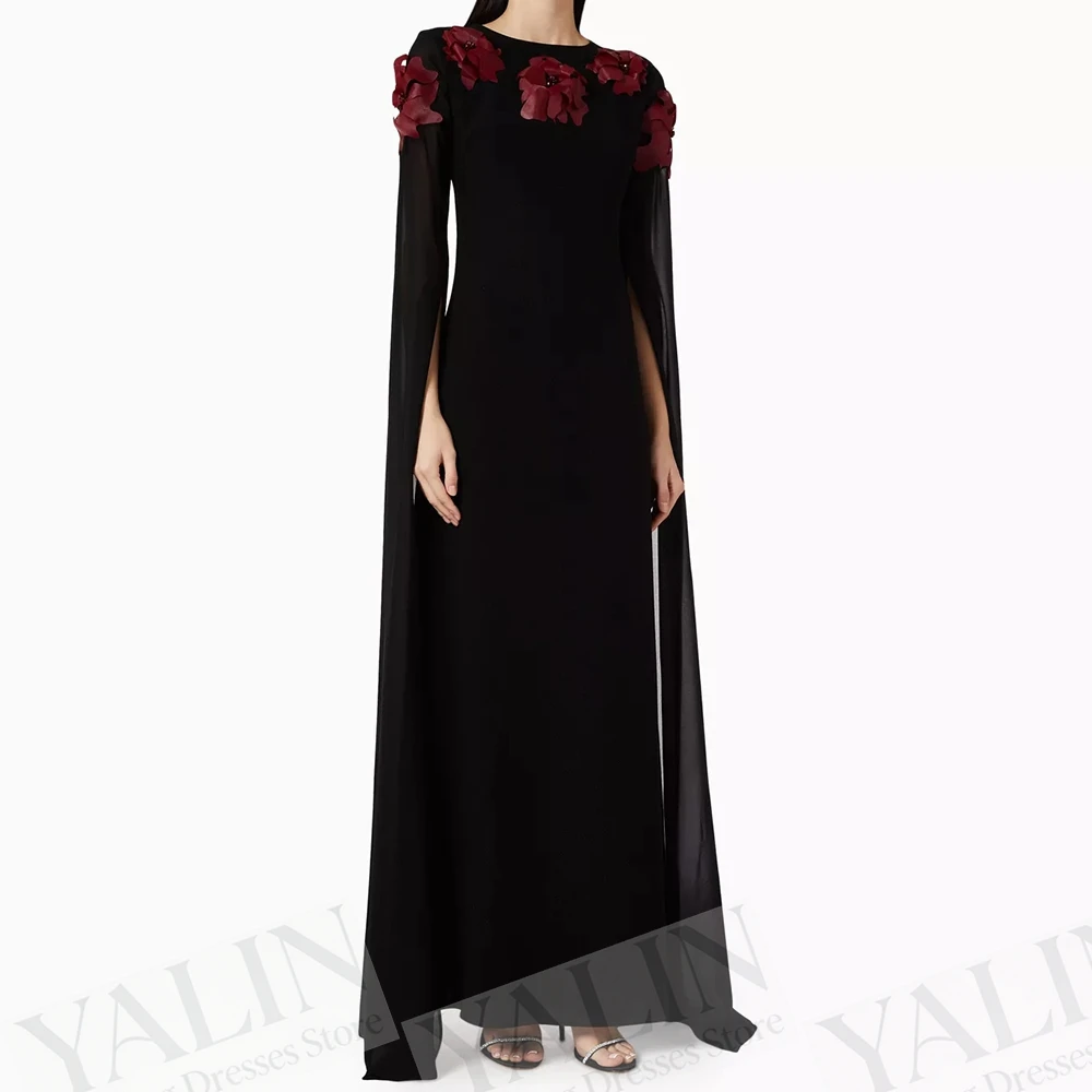 

Women's A-line Evening Dresses Floor-length O-neck Full Sleeve Prom Gown Fashion Flowers Simple Draped Casual Customized Gowns