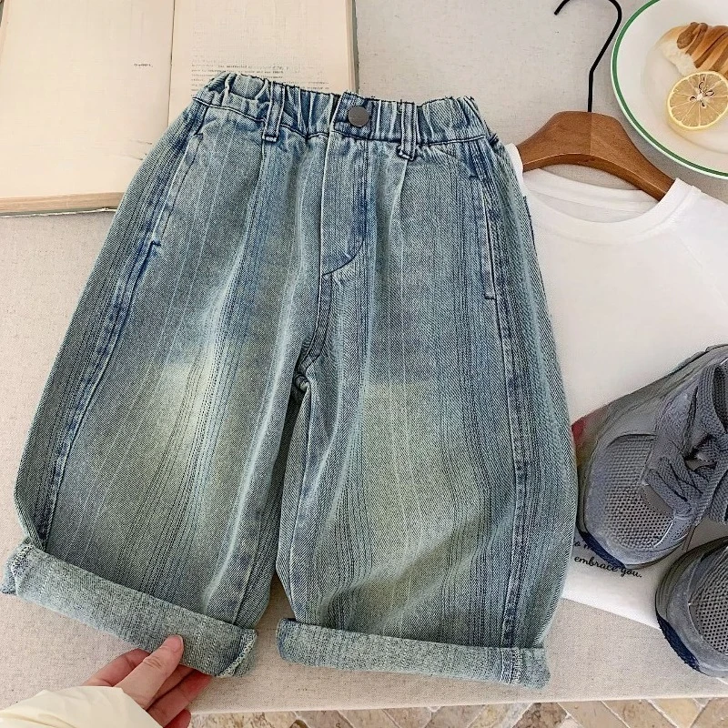 Novas Calças Jeans para Crianças Primavera/Outono, Azul, Cintura Elástica, Corte Solto, Calças de Denim da Moda para Crianças