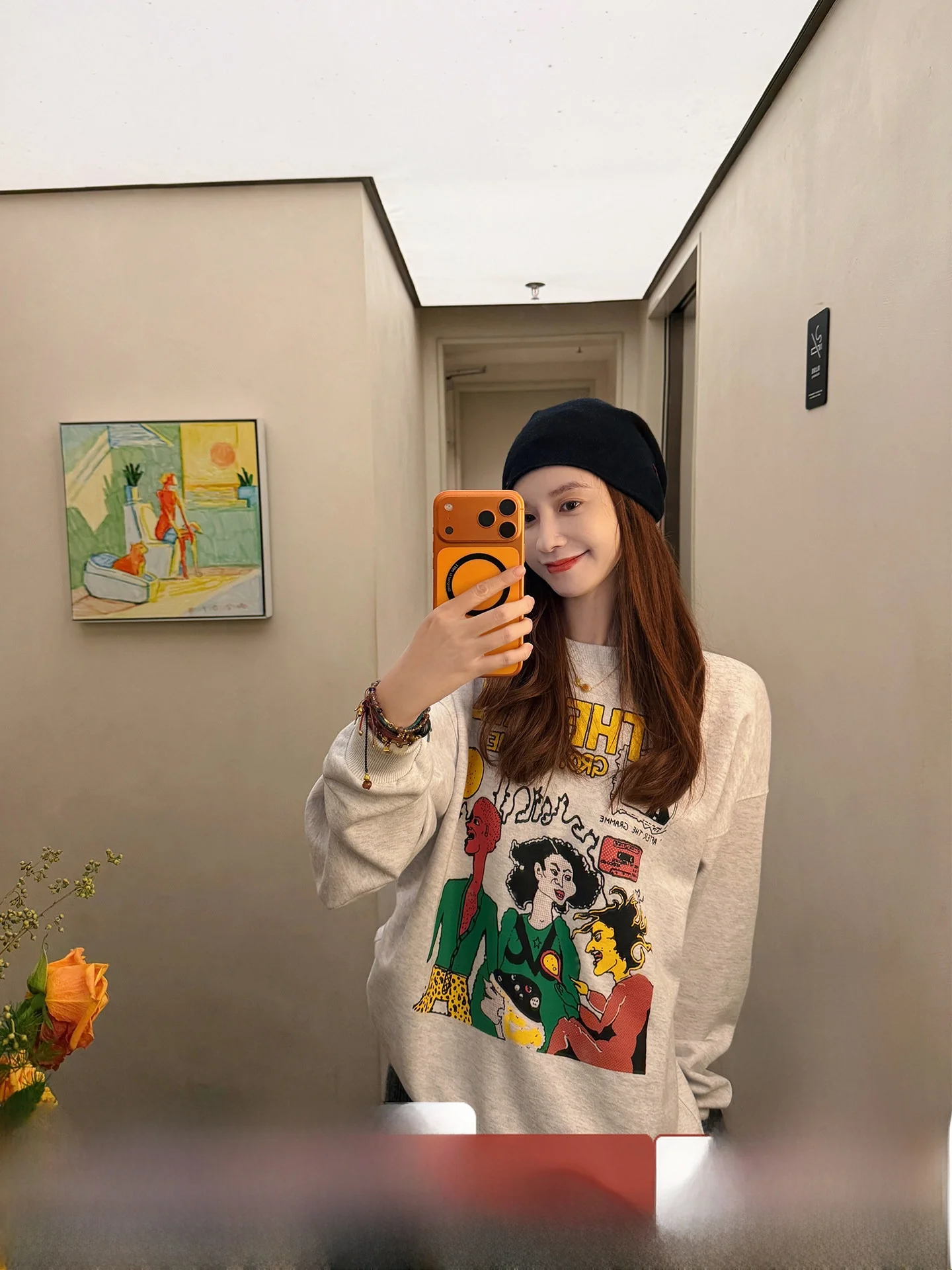 

the Vever Zhang Da American Retro Print Thin Fce Lazy Loose Straight Sweatirt Top Women's Casual Comfortable Cotton Blend