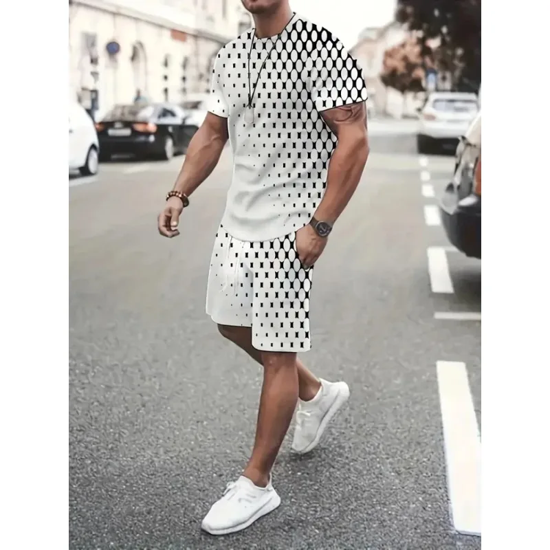 2025 Creative Geometry 3D Printed Outdoor Casual Street Wear Summer Urban Trend Men's Casual Short sleeved Shorts 2-piece Set