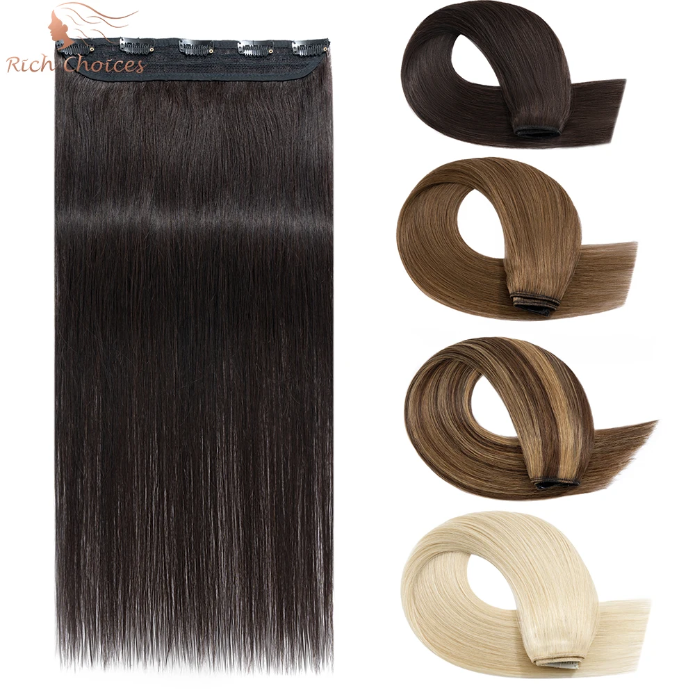 Rich Choices Straight One Piece Clip In Hair Extensions Human Hair Weft 5 Clips In Natural Hairpiece For Women Good Density