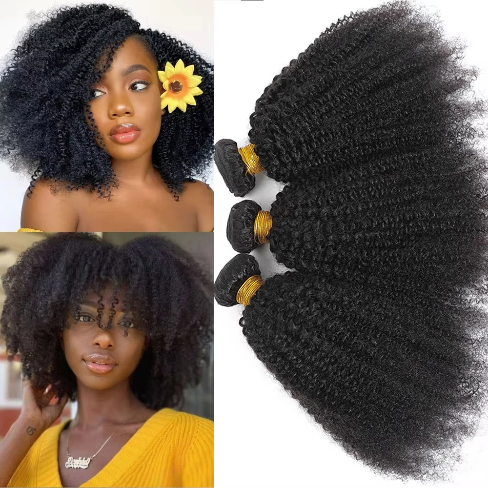 

Afro Kinky Curly Human Hair Brazilian Virgin Human Hair Extensions Natural Color Weave 1/3 Bundles Double Weft Extensions