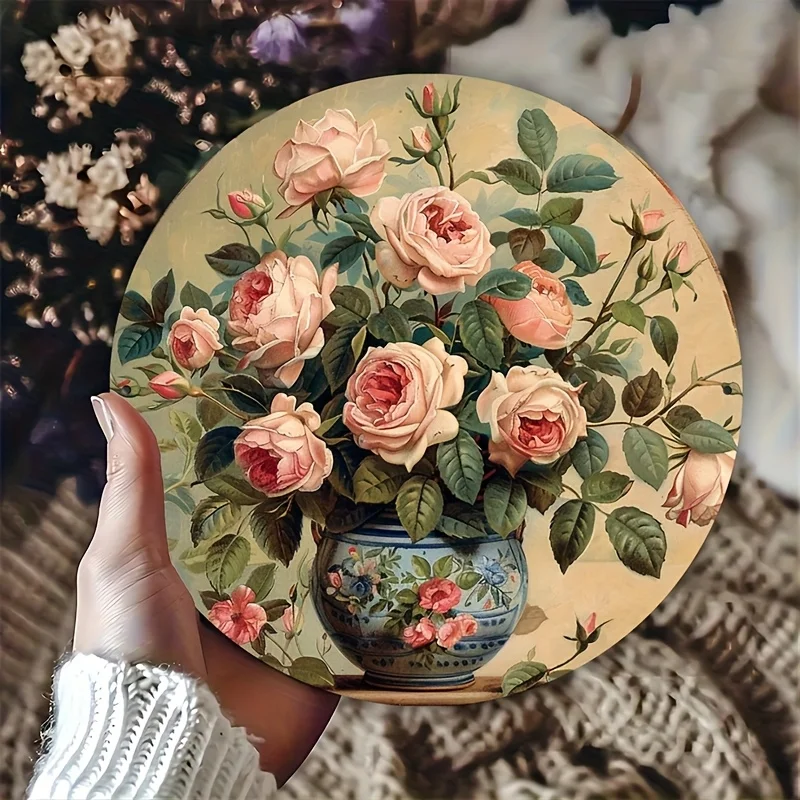 2D Flat 1pc, Round 20x20cm(8x8inch) Timeless Beauty Of Blooming Roses - Vintage Aluminum Sign, One Piece, Metal Wall Decor for I