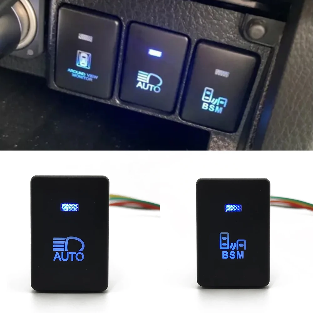 Blue Car LED DRL Power On Off Rearview Mirror Heating Button Front Rear Fog Light Switch for Toyota Camry Prius Corolla PRADO