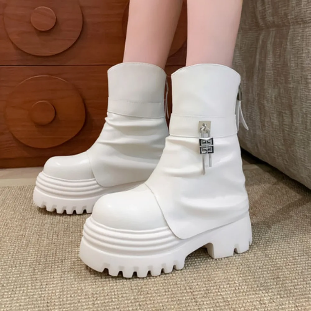 12cm 15cm Height Increase Ankle Boots for Women Autumn Platform Punk Style Motorcycle Botines High Heel Western Botas Female