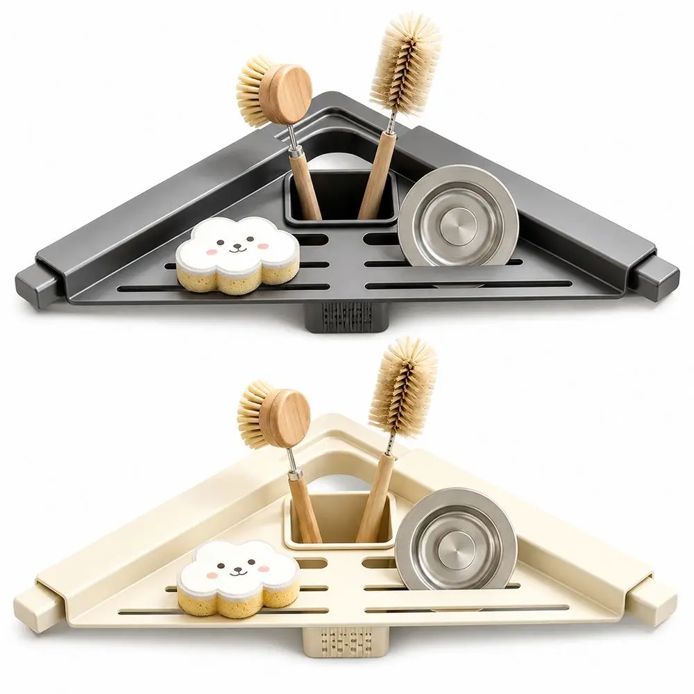 Carbon Steel Sink Corner Rack with Draining Cup Triangular Shape Sink Drain Shelf Quick Water Drainage Dish Drying Rack