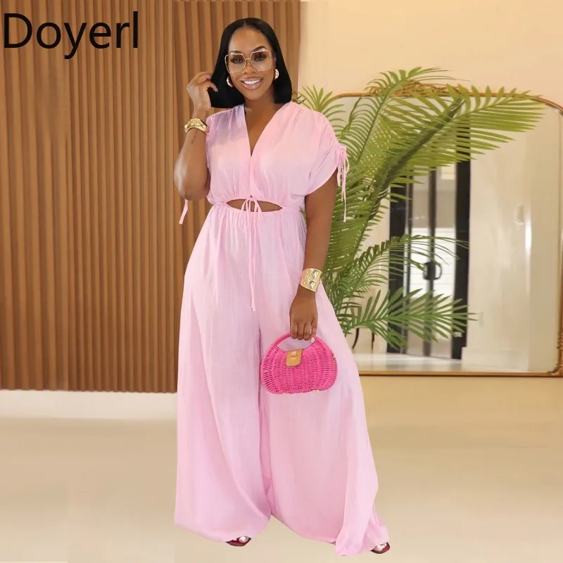 Doyerl Feste Beiläufige Breite Bein Overall Frauen Sommer Kleidung V-ausschnitt Kurzarm Aushöhlen Lose Strampler Einteilige Overalls