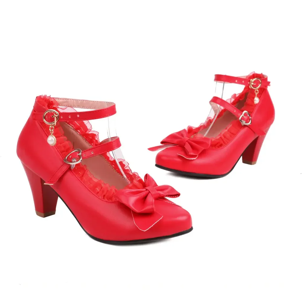 

Свадебные туфли для невесты с закрытым носком, свадебное платье, туфли-лодочки на каблуке с шипами для девочек, Лолита, косплей, вечерние, Мэри Джейн, кружевной край, красный, большие размеры