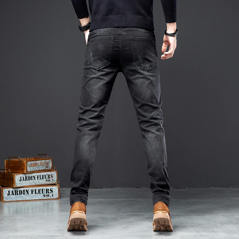 Embroidery Trend Black Jeans Men's Slim Stretch Handsome Menswear 2024 Autumn Street Fashion Skinny Trousers