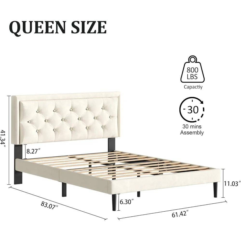 إطار سرير بمنصة مقاس مع لوح رأسي معنقدة بزر مخملي منجد، كريم أساس مرتبة مع دعم شرائح خشبية، لا