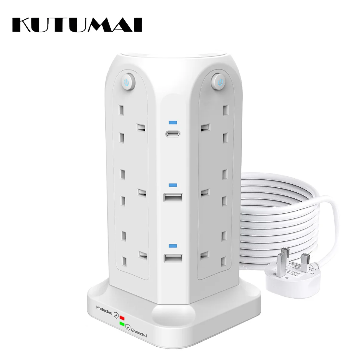 Power Strip Tower Multi Electrical Socket 12 Outlets 4USB Ports Charging 6.5Ft Extension Cable UK Plug Surge Protector For Home