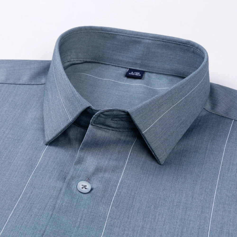 Camisa masculina de manga longa de fibra de bambu elástica de ajuste regular macio confortável clássico listrado respirável fácil cuidado resistente a rugas