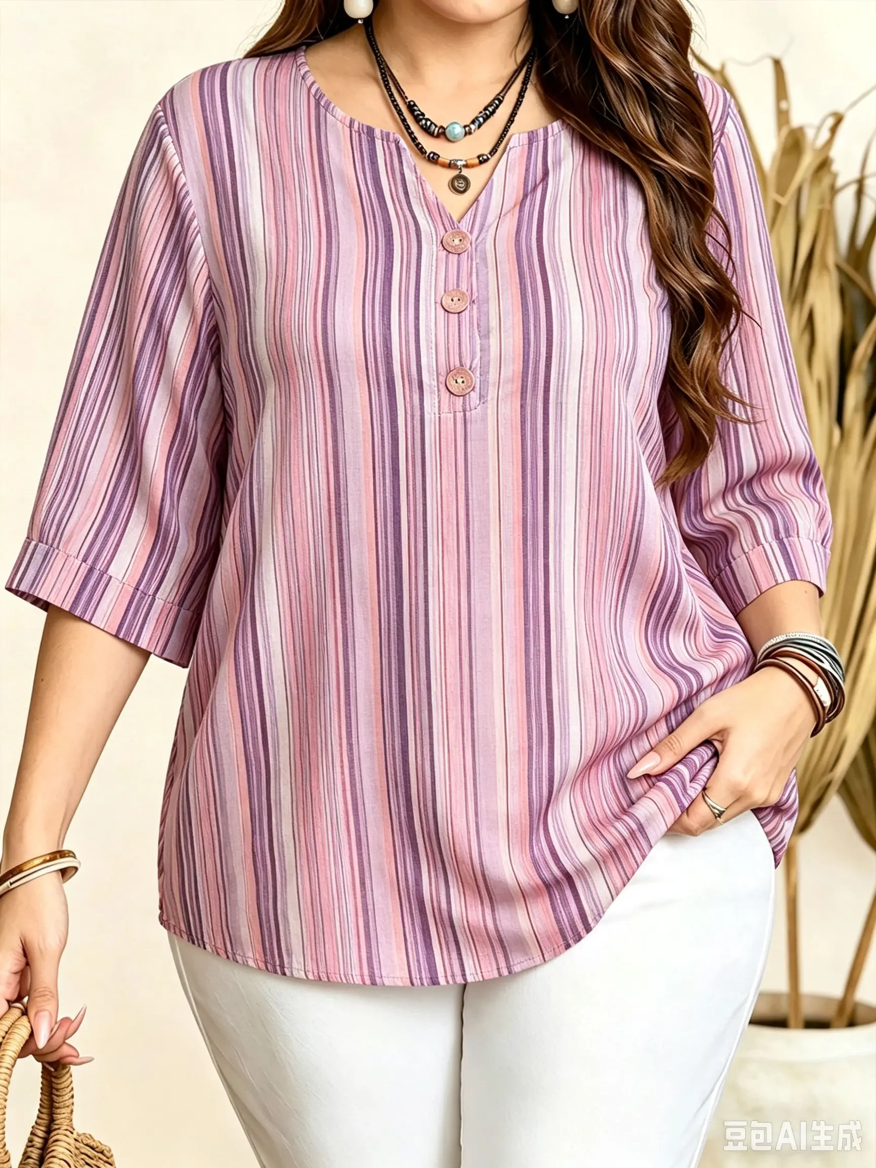 Plus Size Women Striped Blouse Notch V Neck 3/4 Sleeve Three Front Buttons Loose Lightweight Casual Daily Vacation Top