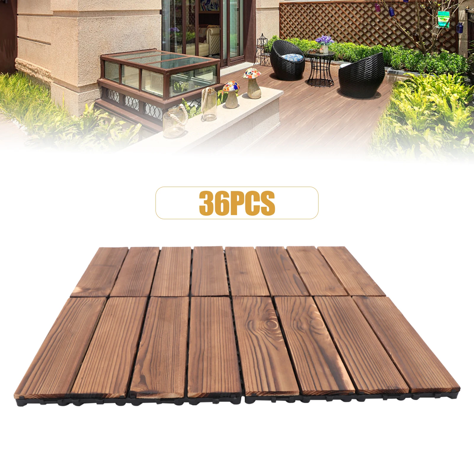 36 Pcs Brown Hardwood Interlocking Patio Deck Tiles Outdoor Waterproof 12''x12''