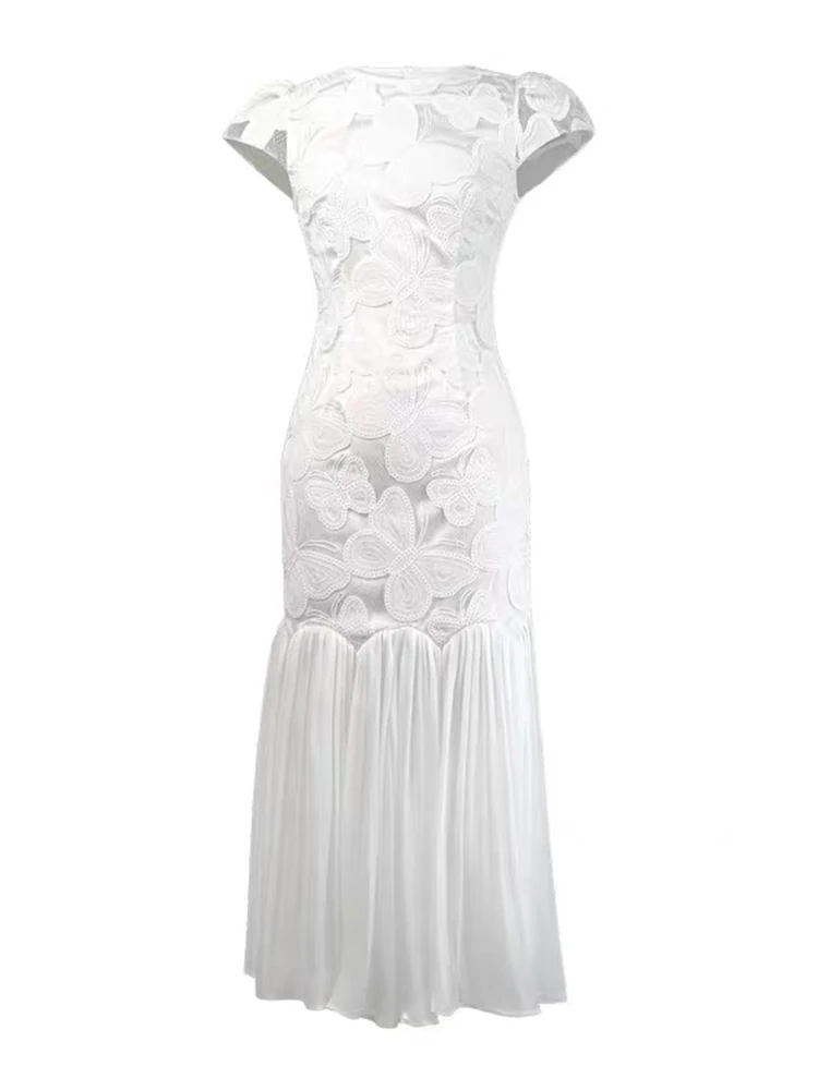 Roupas femininas noite renda branca bordado o pescoço fino fishtail vestido longo elegante senhora moda festa de aniversário robe novo