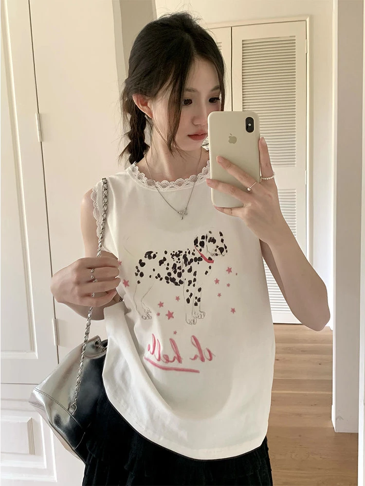 

ADAgirl White Doggy Print T-shirts with Lace Kawaii Animals Graphic Sleeveless Tank Tops Summer Fashion Cutecore Spotted Dog Tee