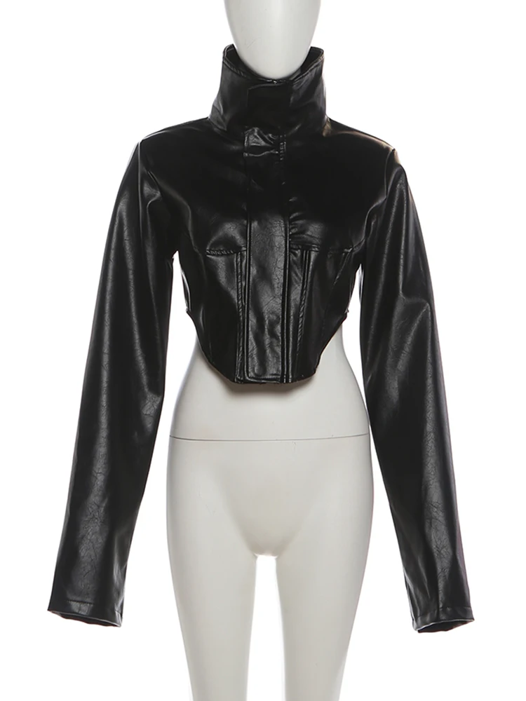 Nibber Hottie Crop Jacke Frauen Rollkragen Pu Unregelmäßige Zip Taste Volle Hülse Wilden Sexy Straße Mitternacht Herbst Hipster Mantel – Detail 3