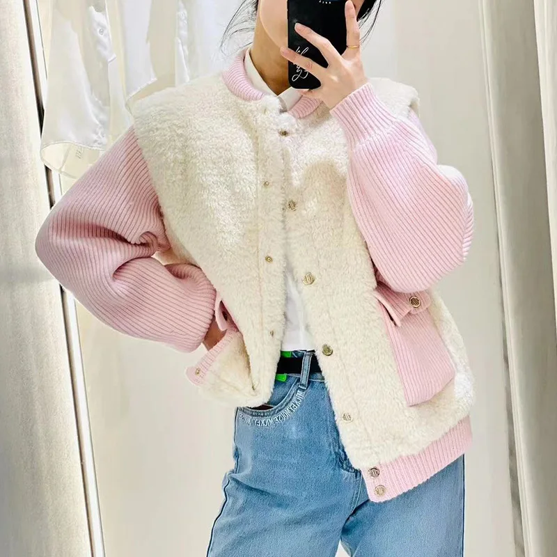 M Home 2023 otoño nueva mujer Faion Anti-piel de cordero tejido largo Sve empalme prendas de vestir exteriores rosas Ele Sle Color puro