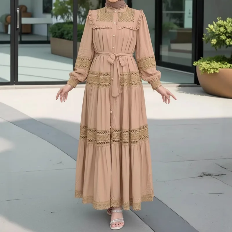 Jalabiya Women Eid Muslim Dress Abayas Embroidered Hollow Out Lace Lapel Collar Long Sleeve Robe Vestidos Women Party Dresses