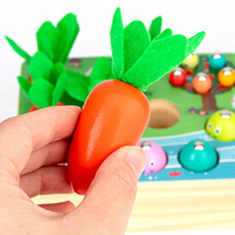 Kids Wooden Magnetic Fishing Toy Catch Worm Pulling Carrot Games Interactive Educational Fishing Toy For Children