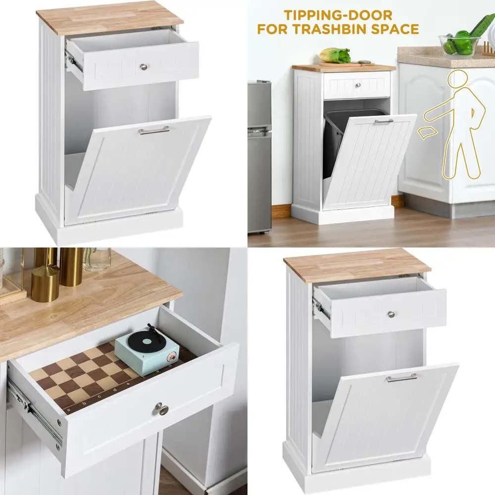 

10 Gallon Wooden Concealed Trash Bin with Storage for Kitchen, Laundry, or Bathroom, White
