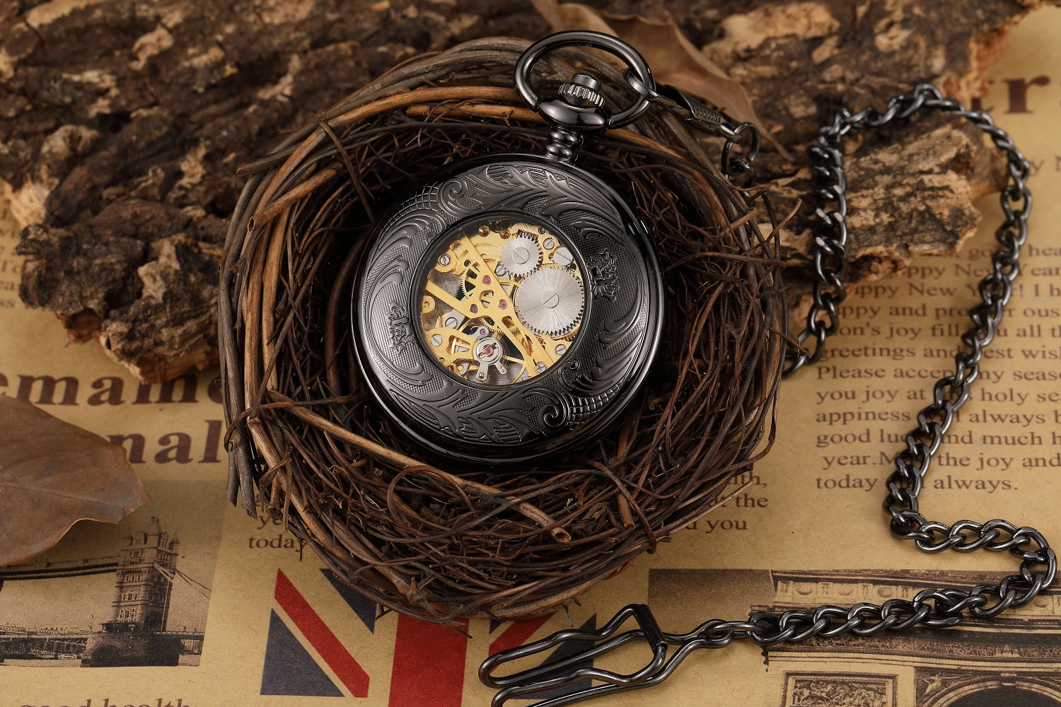 Steampunk Luxury Fashion Antique Skeleton Mechanical Pocket Watch Men Chain Necklace Business Casual Pocket & Fob Watches Black