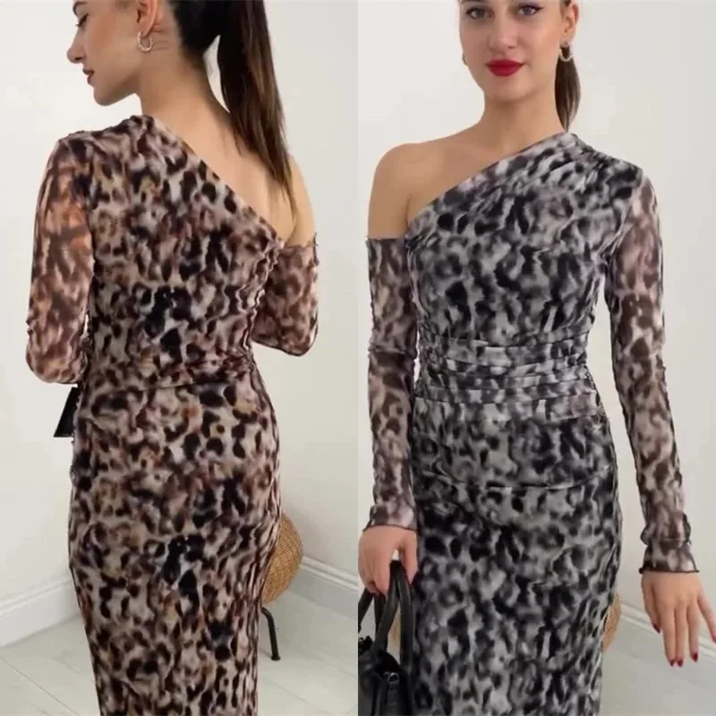 

Sexy Leopard Print Diagonal Collar Waist Cinching Dress Elegant Long Sleeved A-line Skirt Fashion Women's Banquet Party Dresses