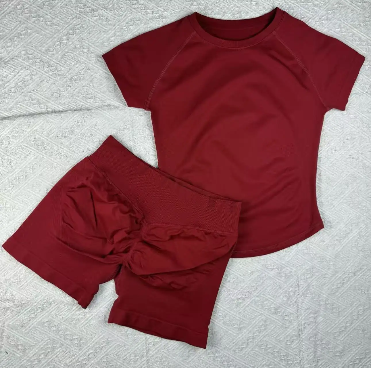 Nieuwe DFYZHE Running Fitness Set Ronde Hals Korte Mouw Naadloze Yoga Top T-shirt Fitness Set T-shirt Shorts 2-delige set