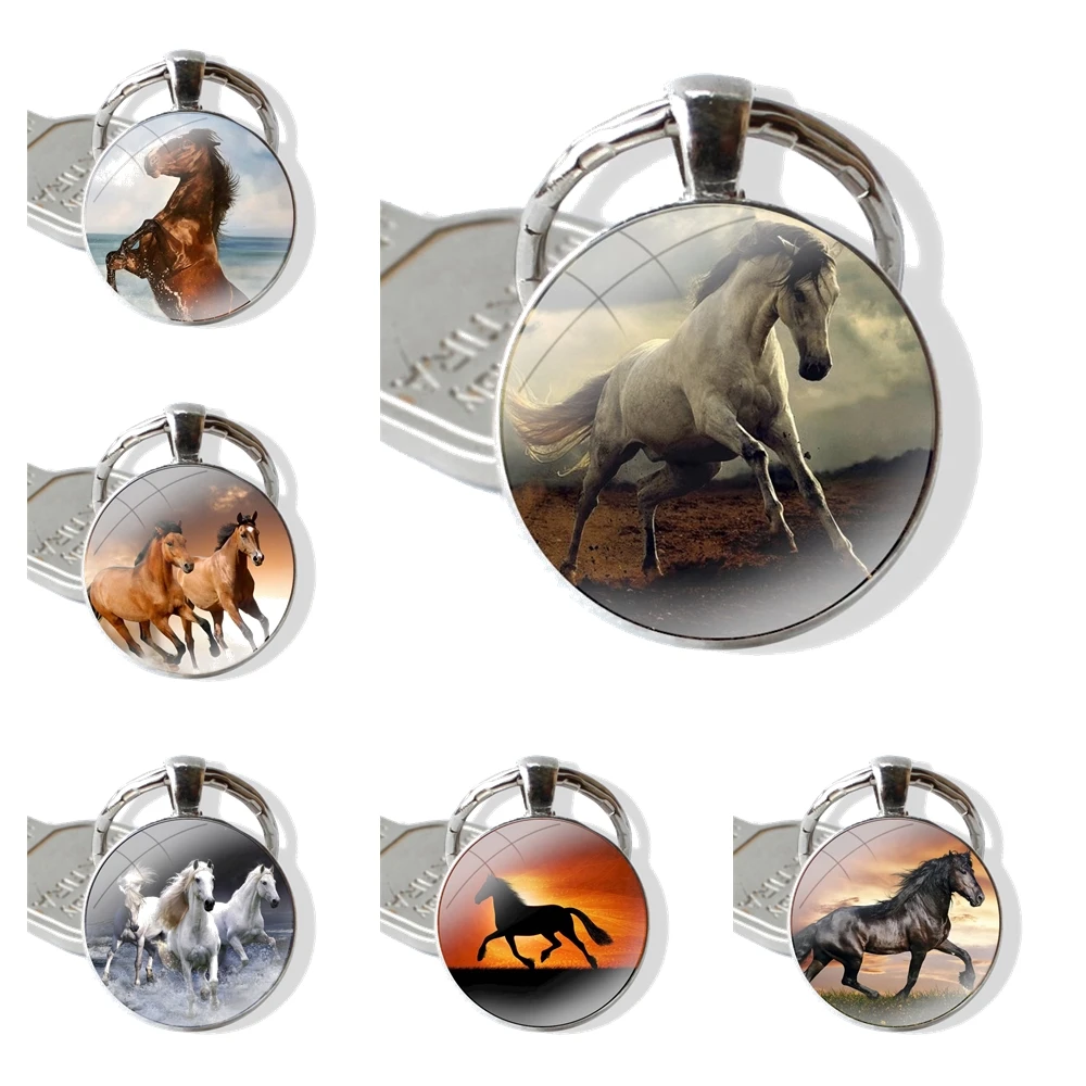 Animal Running Horse Steed Keychain Handmade Glass Cabochon Key Ring Holder Pendant Key Chains