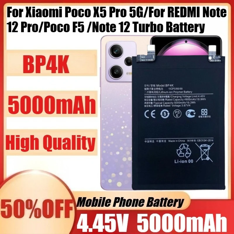 

New BP4K 4.45V 5000mAh Battery BP4K For Xiaomi Poco X5 Pro 5G/For REDMI Note 12 Pro/Poco F5 /Note 12 Turbo Battery + Tools