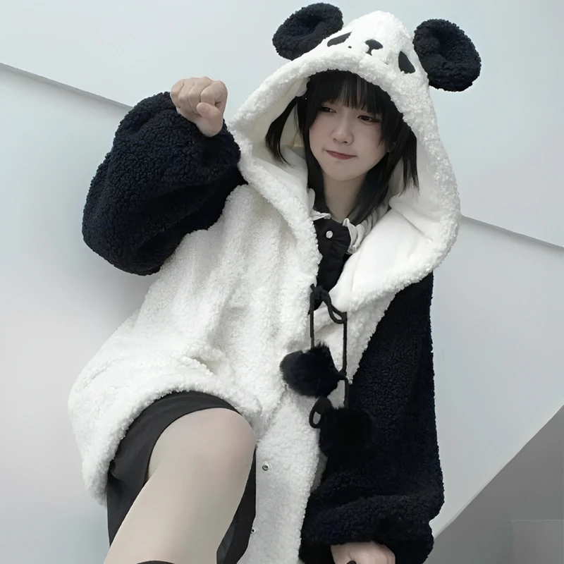 Sudaderas con capucha Kawaii para mujer, Sudadera con orejas de Panda, bolas de felpa, cremallera, Sudadera holgada, ropa escolar para adolescentes, ropa JK para niñas, Invierno