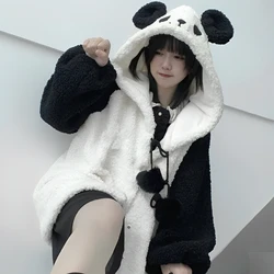 Zima Kawaii bluzy kobiety Panda uszy bluza z kapturem pluszowe kulki Zip-up luźne słodkie Sudadera nastolatek szkoły dziewczyny JK ubrania