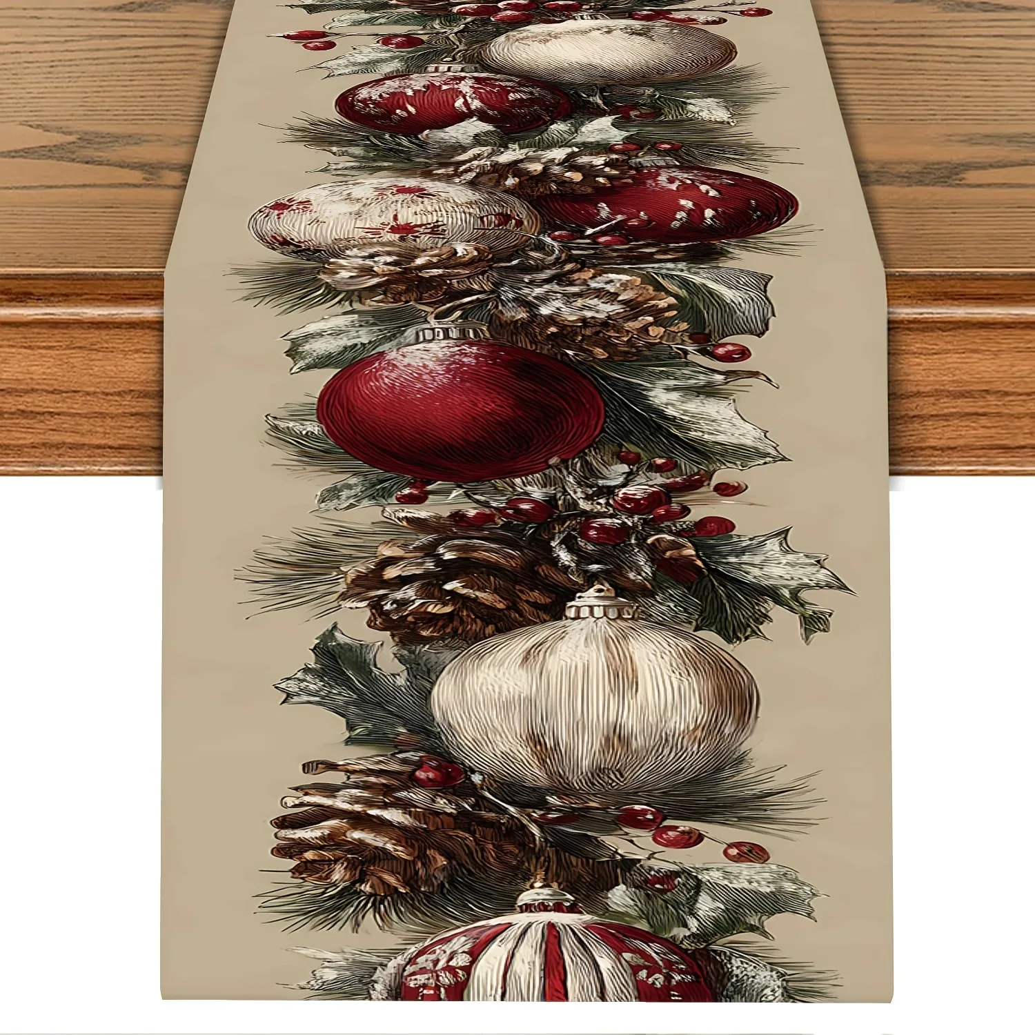 Retro Christmas Ornament Table Runner, Vintage Pine Cone Holly Berry Pine Branch Design, Farmhouse Holiday Tabletop Decor