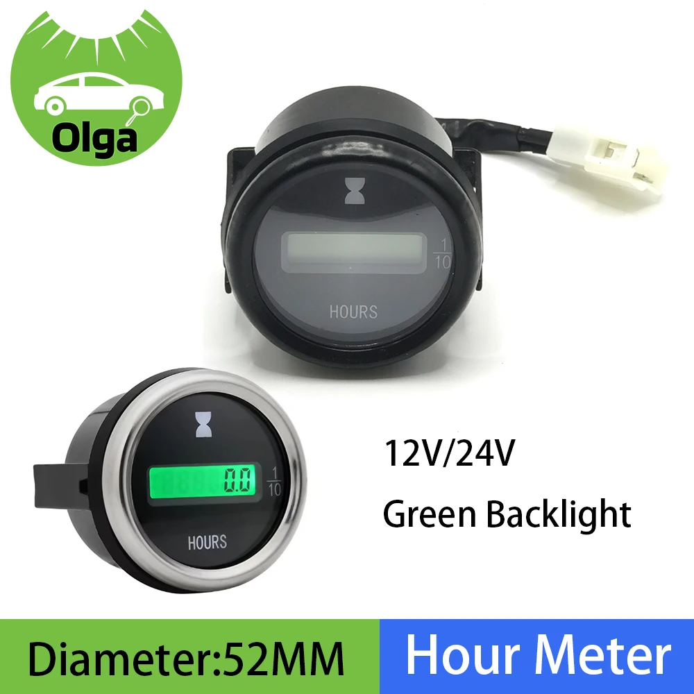 52mm Electronic Hour Meter 12V 24V Green LED Digital Hours Gauge Counter Universal for Motorcycle Car Marine Boats ATV Olga