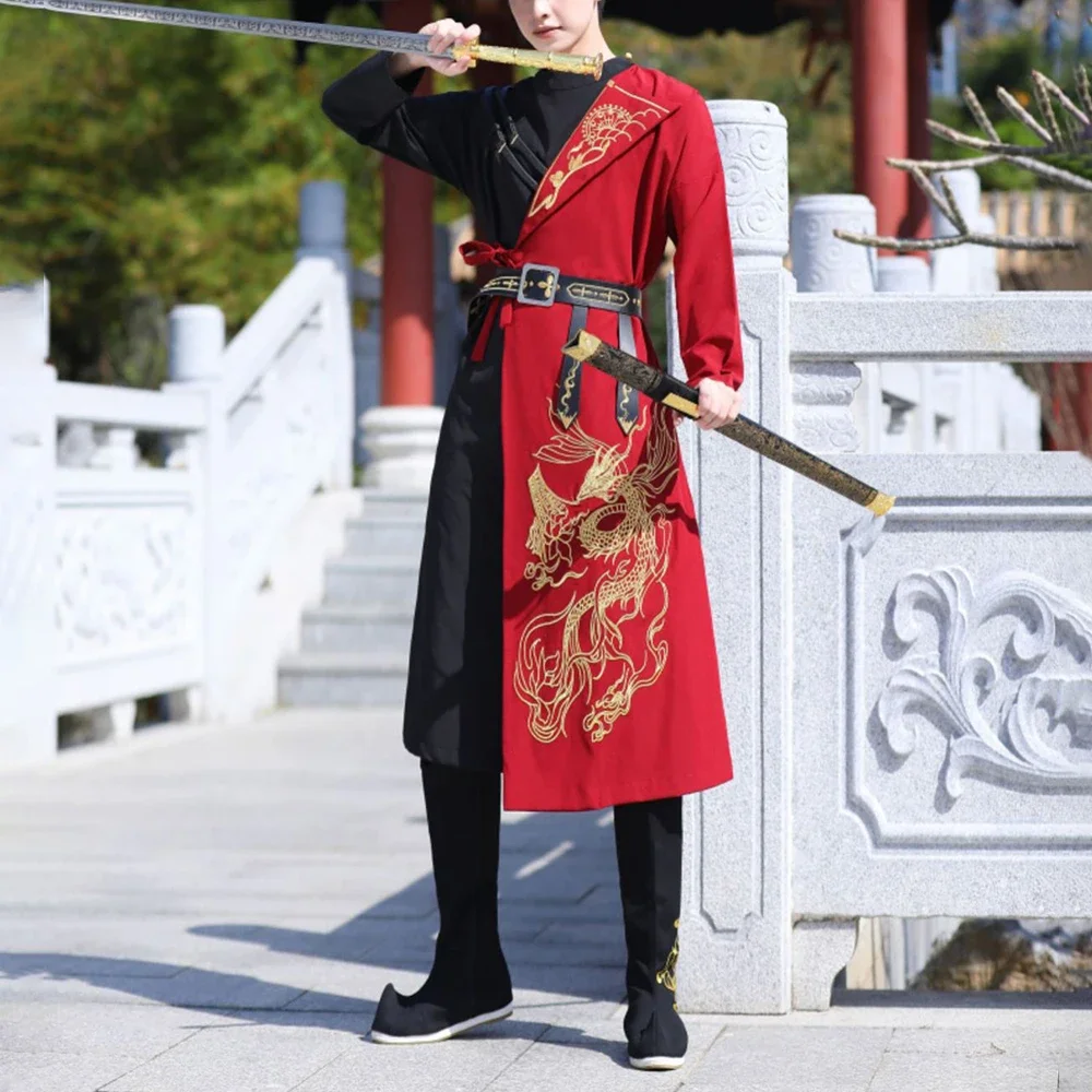 Estilo chinês dos homens Cosplay Hanfu bordado hit cor dragão Totem bordado vestido, cinto bordado, trajes étnicos tradicionais