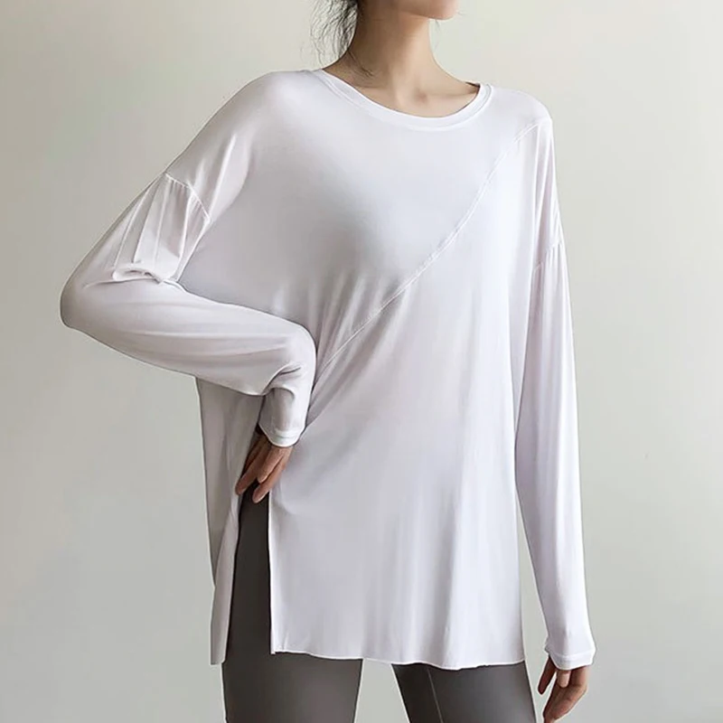 PofyBofy Side Slit Quick Dry High Elastic Loose Breathable Long Sleeves Women’s Yoga T-shirt Fitness Workout Dancing Basic Tops