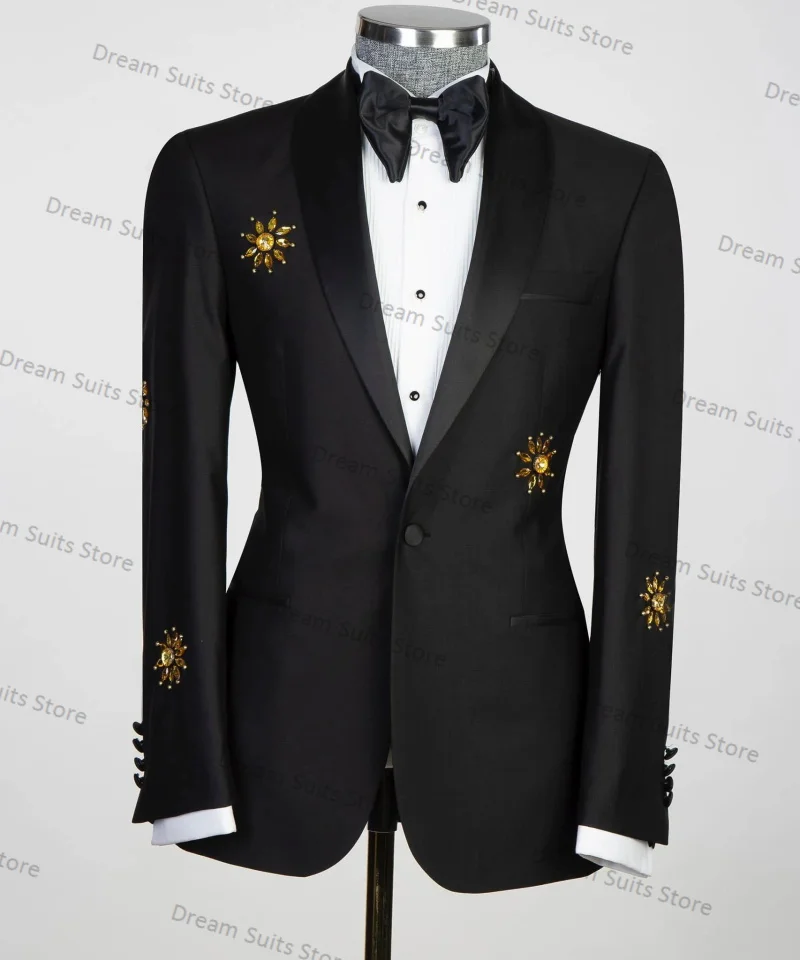 

Gold Crystals Black Men Suits for Wedding 2 Pieces Blazer Pants Custom Made Plaid Jacket Groom Tuxedo Custom Made Coat Trousers