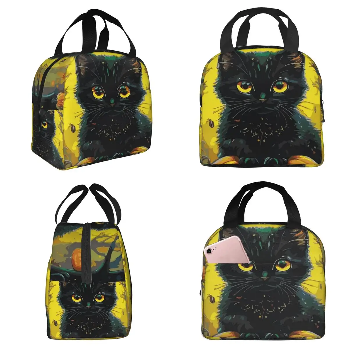 Isolierte Lunchtasche mit schwarzer Katze und Kürbis für Halloween, für Damen, Büro, Kühler, Thermo-Lebensmittelbox, tragbare Lunchboxen, Behälter